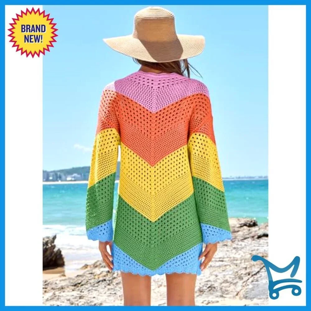 Crochet Mesh Knit Cover Up Dress V Neck Loose Fit Beach Vacation Wear
